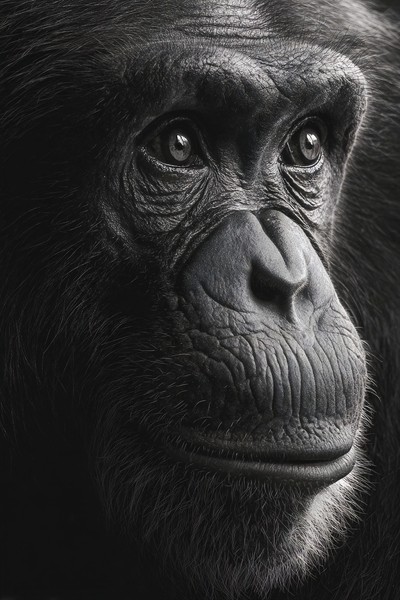 animals intimate portrait of a chimpanzee face deep wrinkles — black and white animals photo