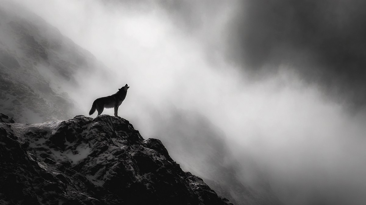 animals a lone wolf howling on a snowy ridge moody atmosphere — free black and white photo