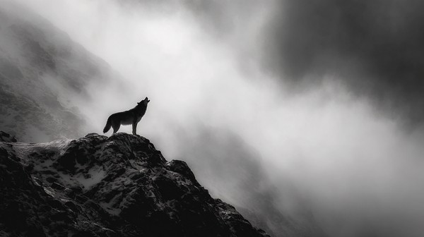 animals a lone wolf howling on a snowy ridge moody atmosphere — black and white animals photo