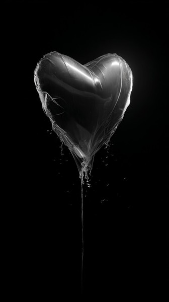 balloon shaped like a heart deflating in slow — black and white photo