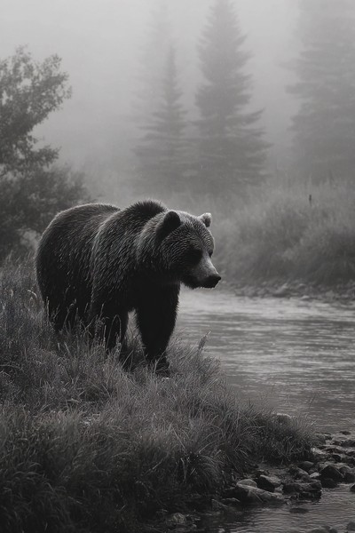 bear standing by a river fog in background timeless black and