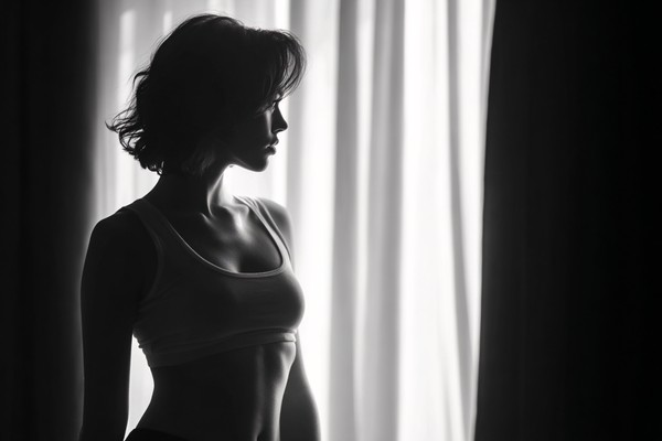 black and white boudoir picture female silhouette standing ne — black and white photo