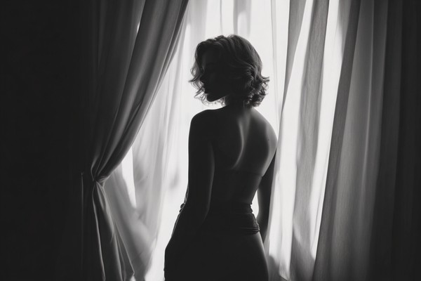 black and white boudoir picture female silhouette standing ne — black and white photo
