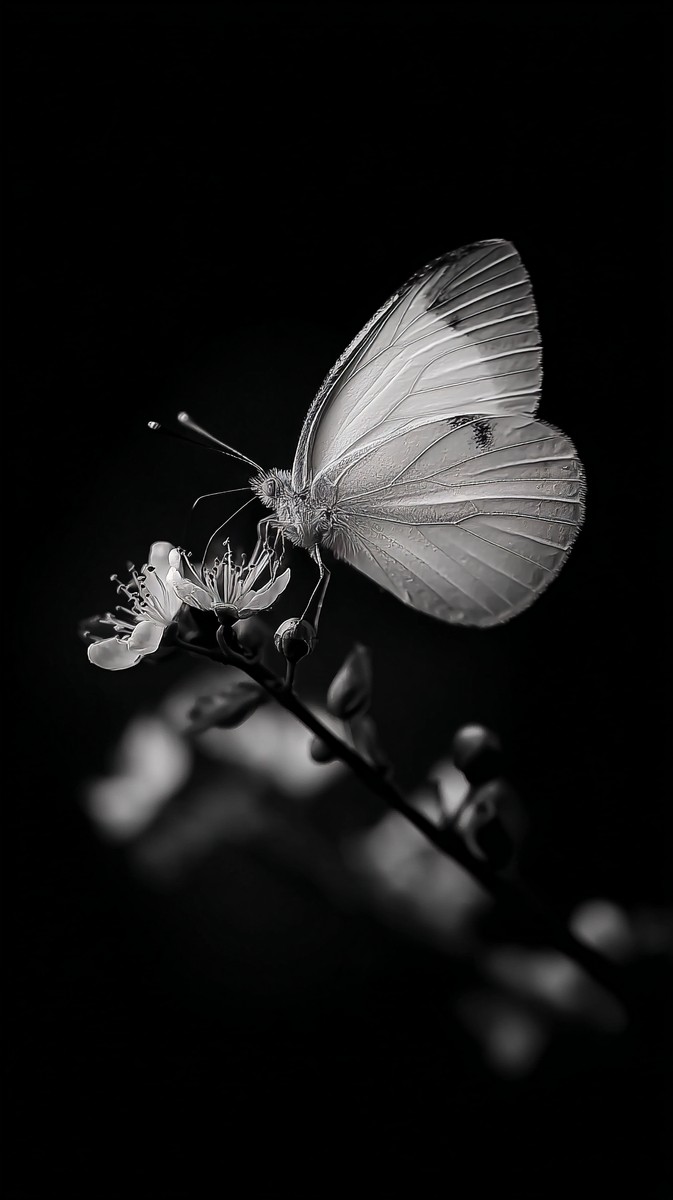 black and white butterfly picture butterfly on floral branch — free black and white photo