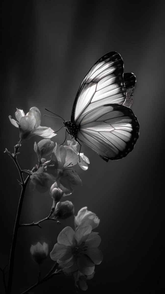 black and white butterfly picture butterfly on floral branch — free black and white photo