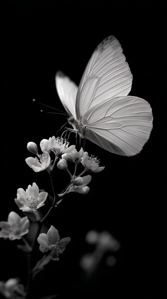 black and white butterfly picture butterfly on floral branch — black and white nature photo