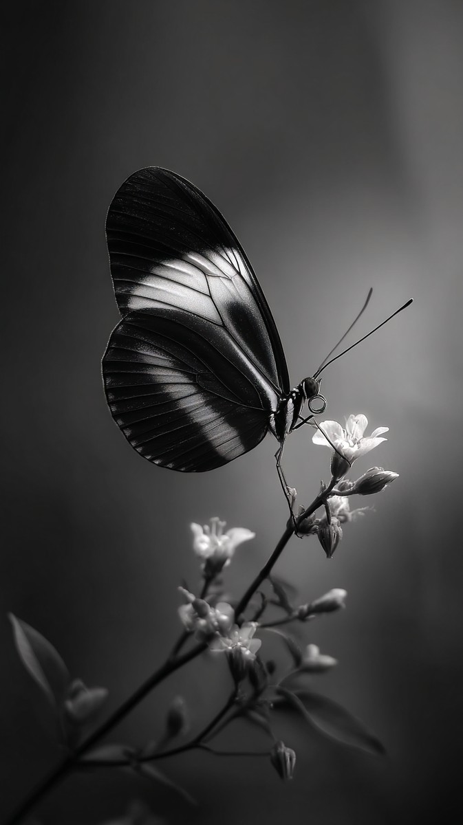 black and white butterfly picture butterfly on floral branch — free black and white photo