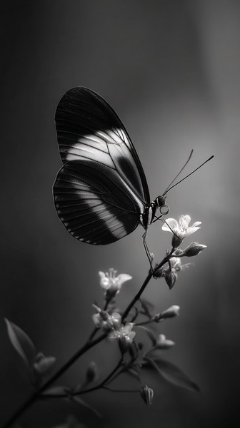 black and white butterfly picture butterfly on floral branch — black and white nature photo
