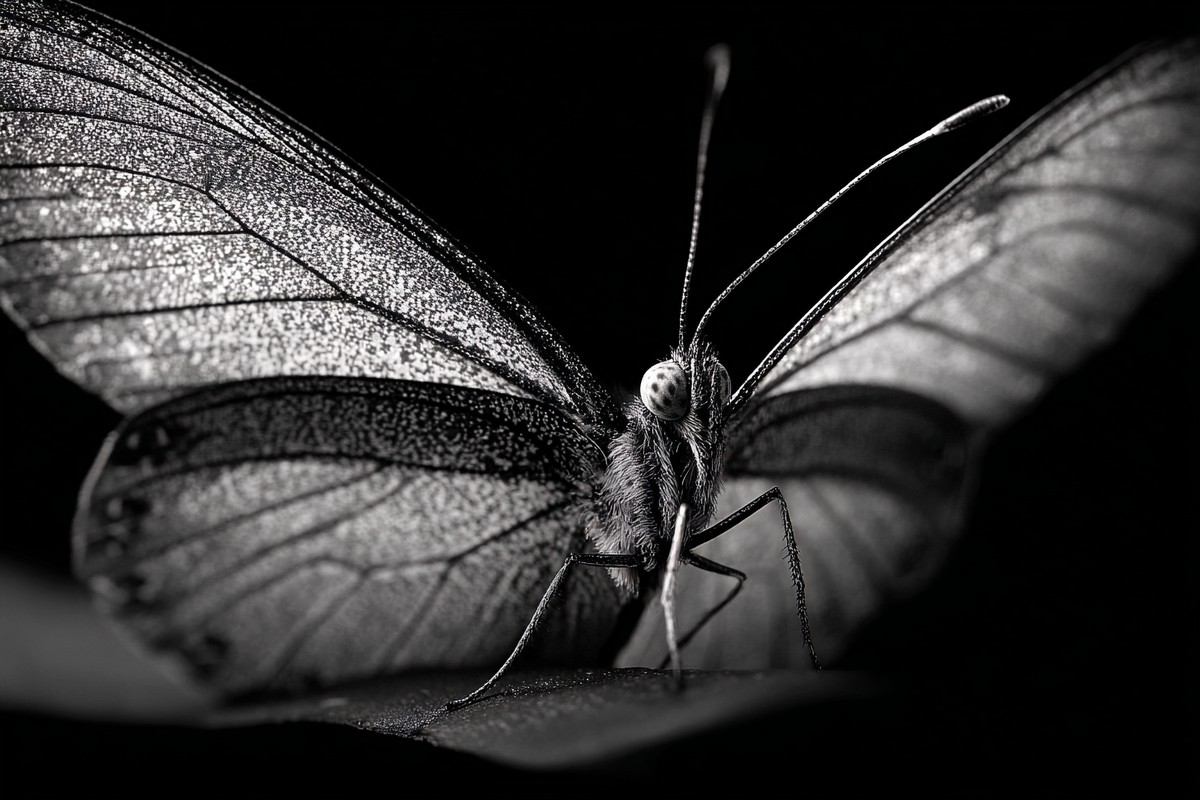 black and white butterfly picture extreme macro close up of b — free black and white photo