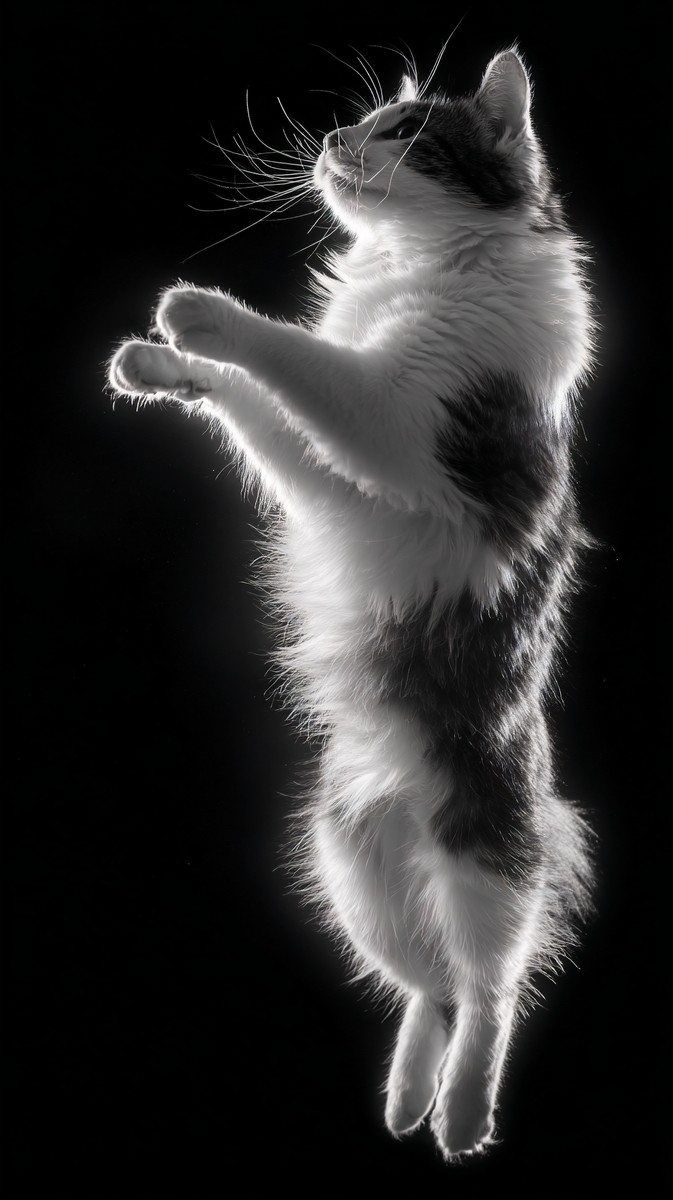black and white cat picture cat mid jump captured in motion d — free black and white photo