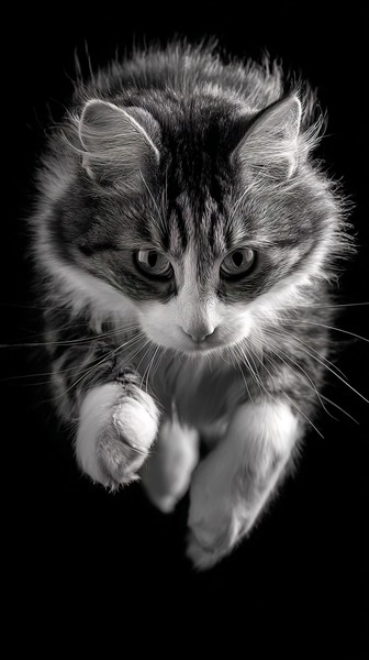 black and white cat picture cat mid jump captured in motion d — black and white photo