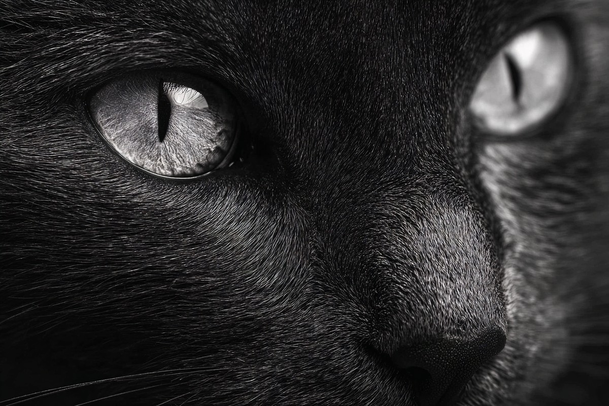 black and white cat picture extreme close up portrait intense — free black and white photo