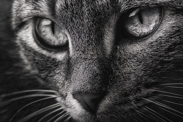 black and white cat picture extreme close up portrait intense — black and white photo