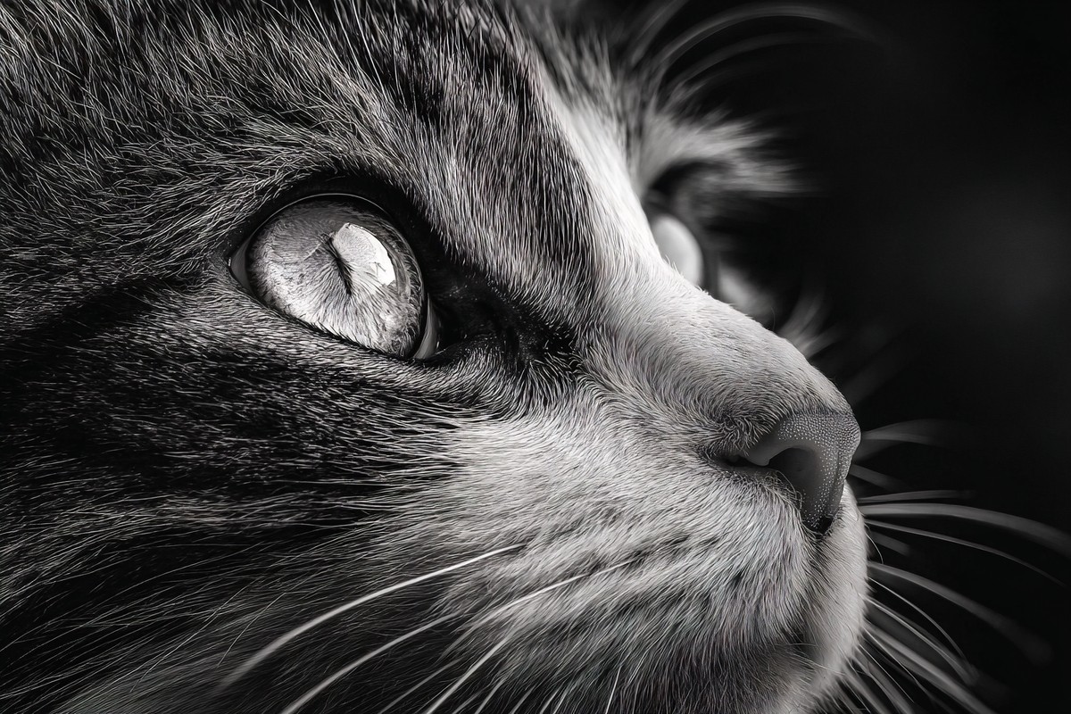black and white cat picture extreme close up portrait intense — free black and white photo