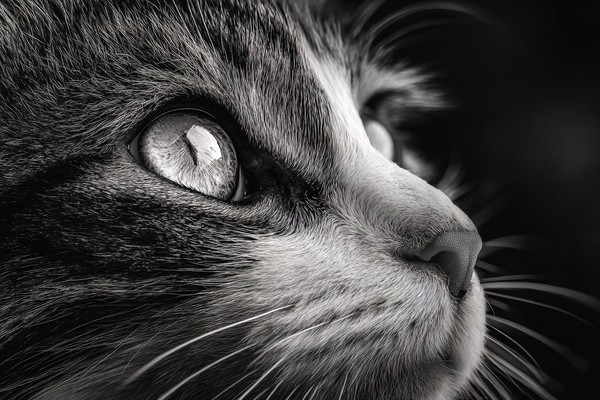 black and white cat picture extreme close up portrait intense — black and white nature photo