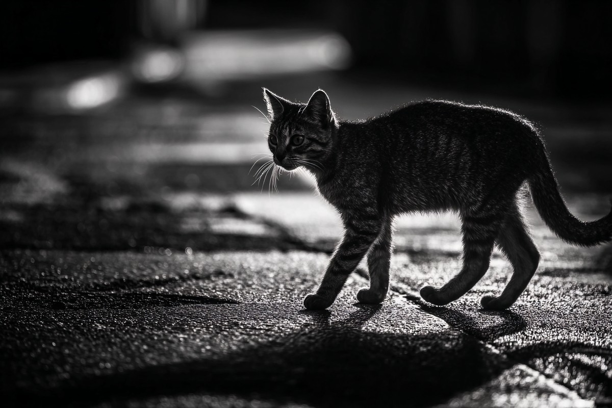 black and white cat picture stray cat walking on wet pavement — free black and white photo