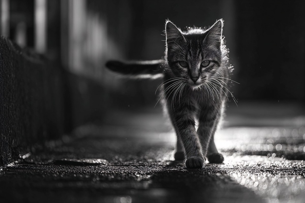 black and white cat picture stray cat walking on wet pavement — free black and white photo