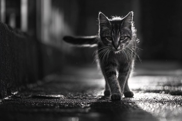 black and white cat picture stray cat walking on wet pavement — black and white city photo