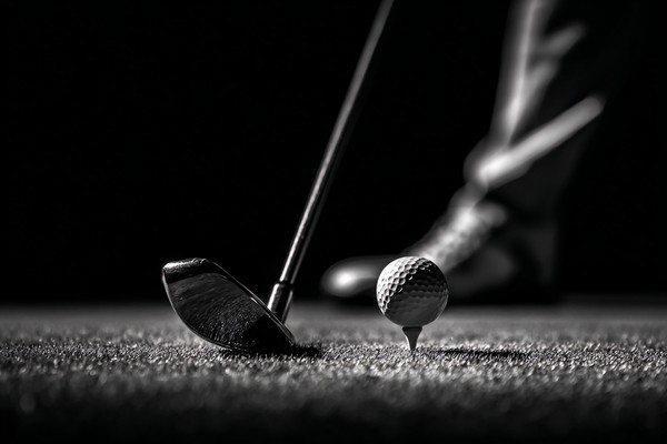 black and white golf picture close up of golfer mid swing mot — black and white photo