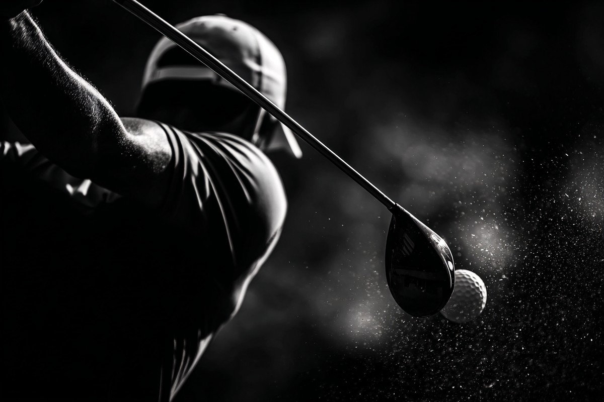 black and white golf picture close up of golfer mid swing mot — free black and white photo