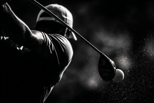 black and white golf picture close up of golfer mid swing mot — black and white photo