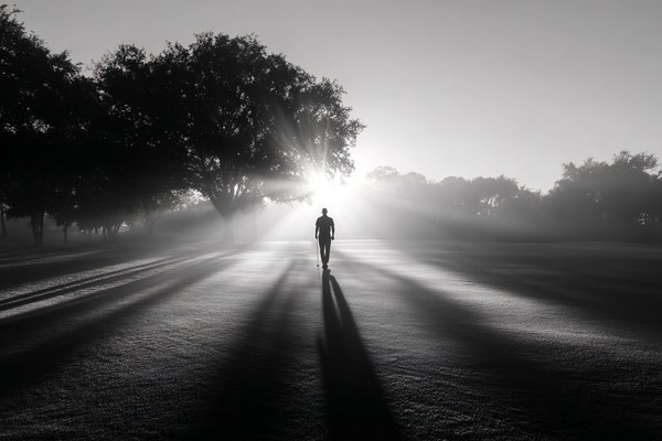 black and white golf picture golfer silhouette at sunrise on — black and white nature photo