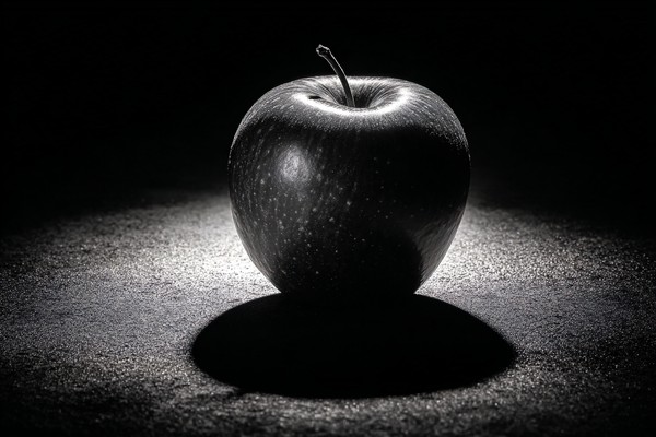 black and white picture of an apple centered composition high — black and white food photo