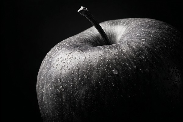 black and white picture of an apple extreme close up detailed — black and white photo