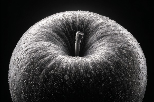 black and white picture of an apple extreme close up detailed — black and white food photo