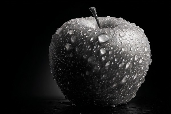 black and white picture of an apple low key lighting strong d — black and white food photo