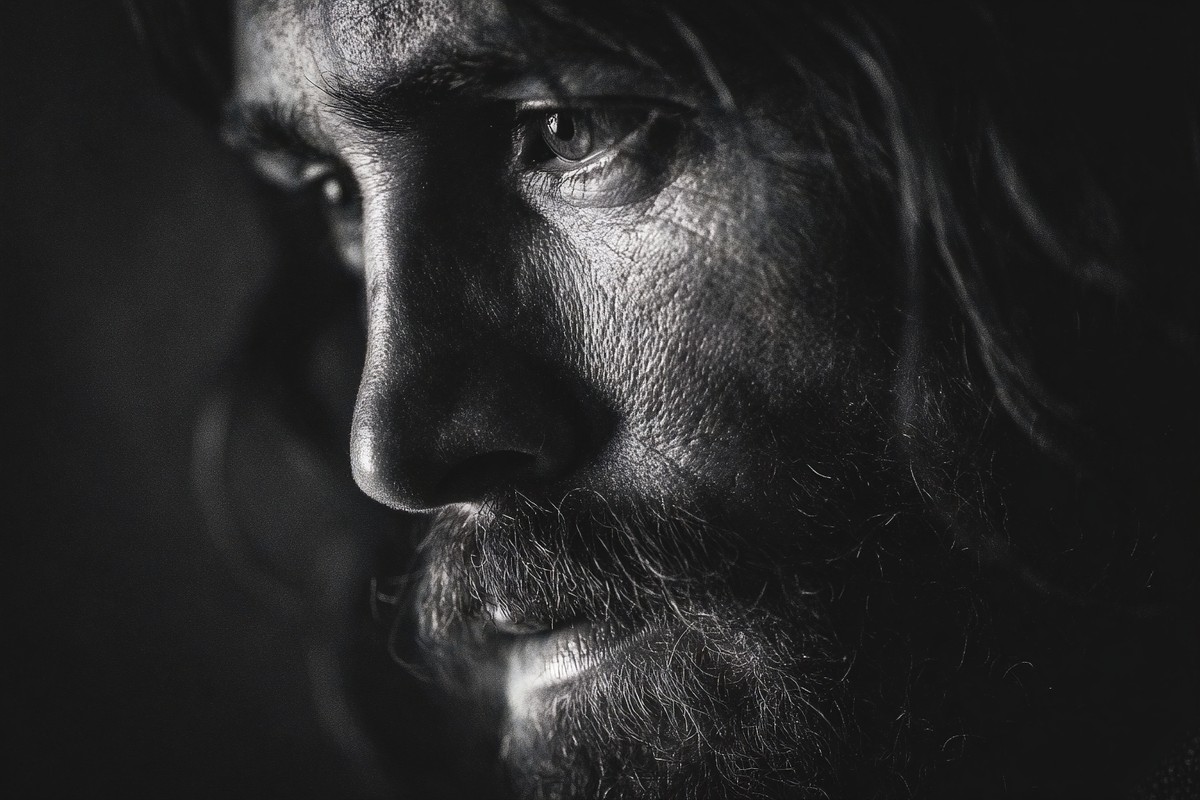 black and white picture of jesus close up portrait serene exp — free black and white photo