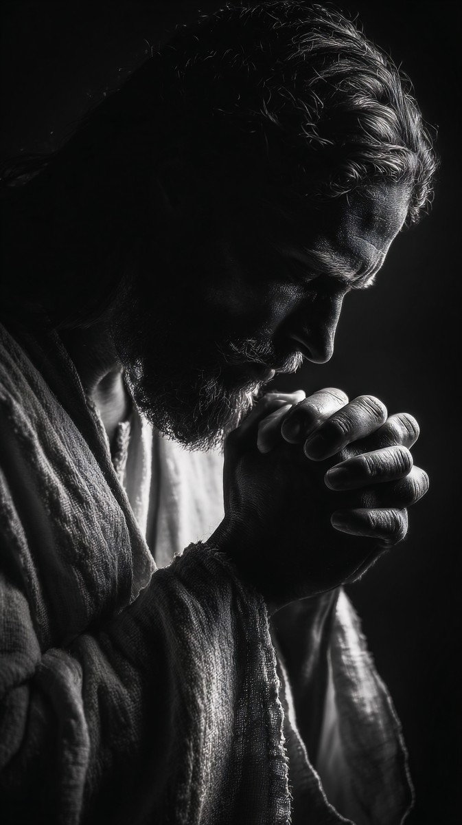 black and white picture of jesus praying head slightly bowed — free black and white photo