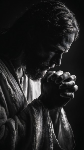 black and white picture of jesus praying head slightly bowed — black and white photo