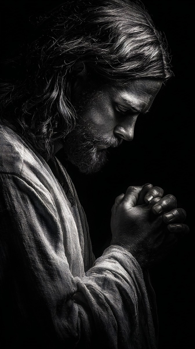 black and white picture of jesus praying head slightly bowed — free black and white photo