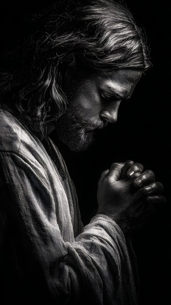black and white picture of jesus praying head slightly bowed — black and white photo