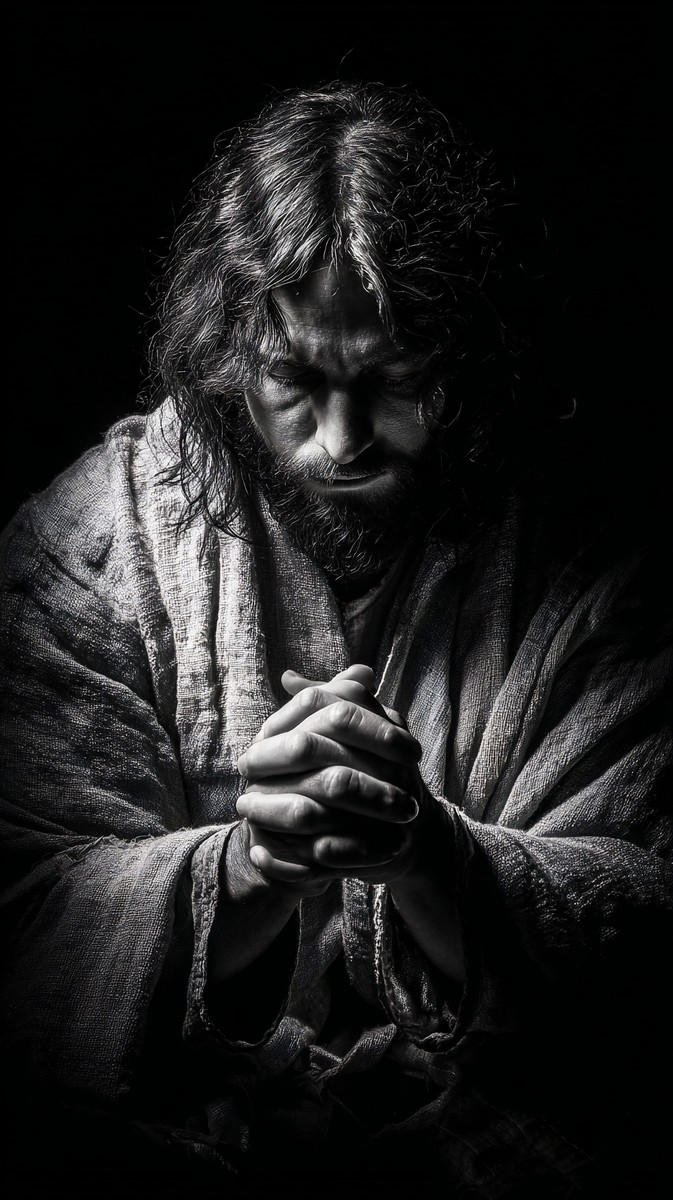 black and white picture of jesus praying head slightly bowed — free black and white photo