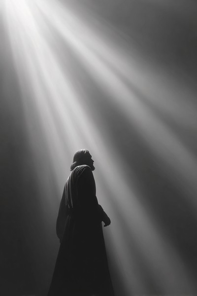 black and white picture of jesus standing silhouette with sof — black and white photo