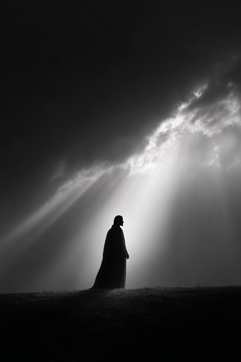 black and white picture of jesus standing silhouette with sof — free black and white photo