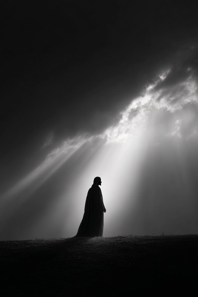 black and white picture of jesus standing silhouette with sof — black and white background photo