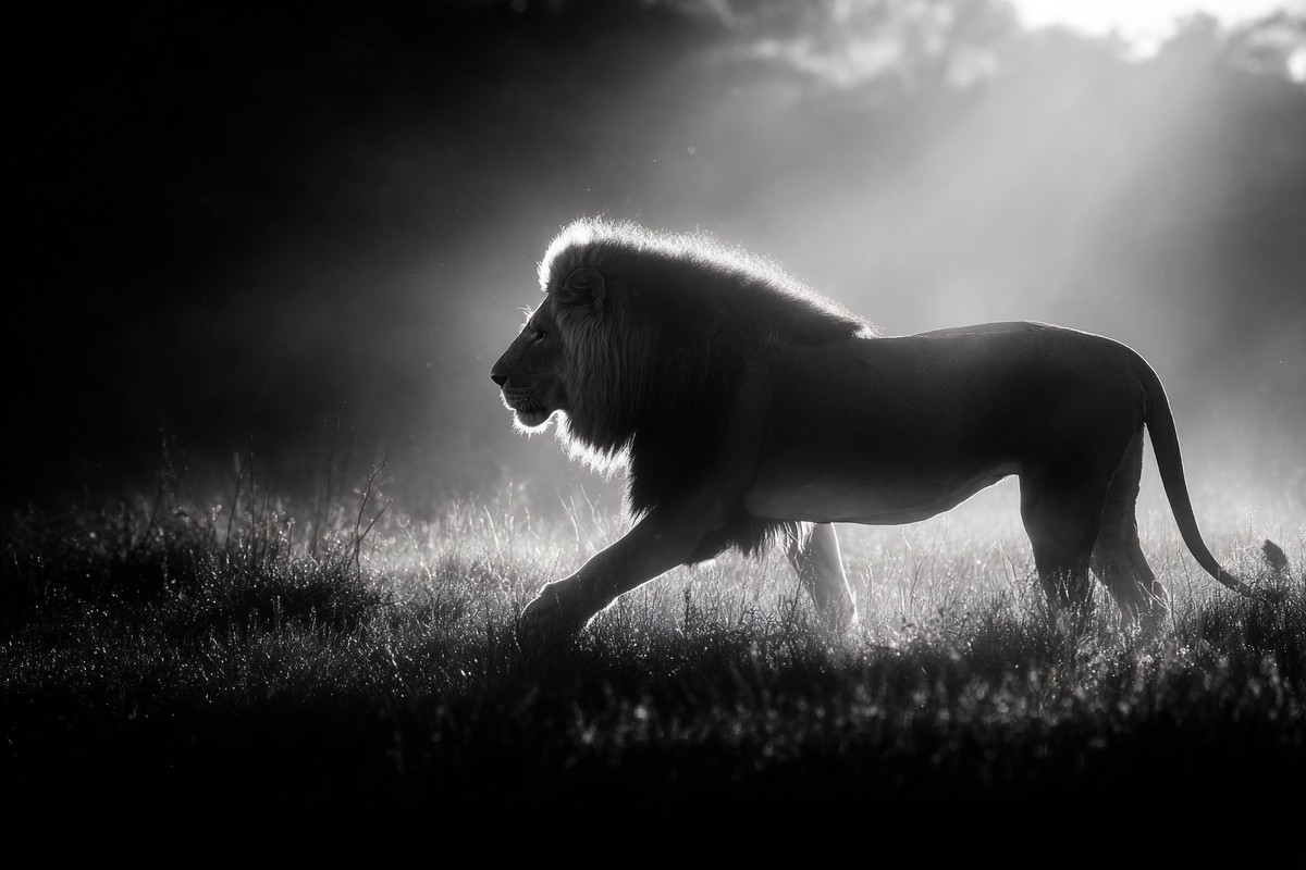 black and white picture of a lion walking through light mist — free black and white photo