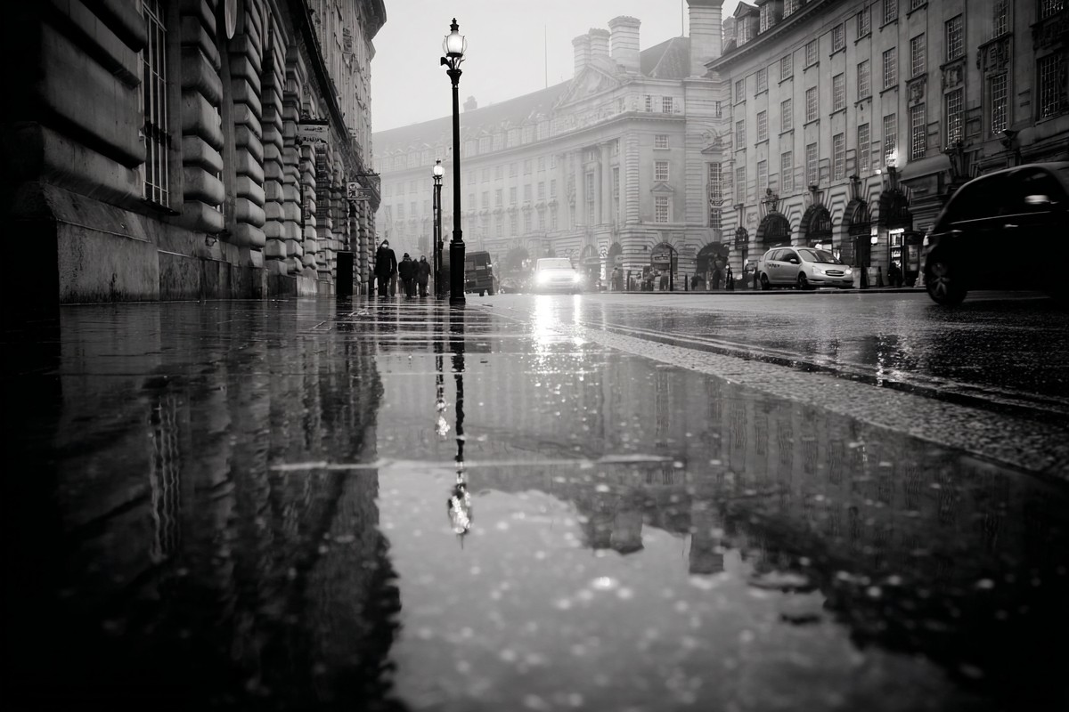 black and white picture of london street scene wet pavement r — free black and white photo