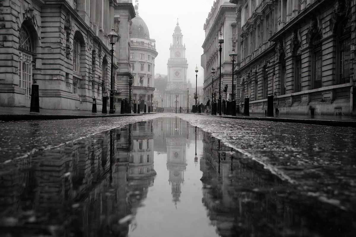 black and white picture of london street scene wet pavement r — free black and white photo