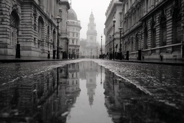 black and white picture of london street scene wet pavement r — black and white city photo