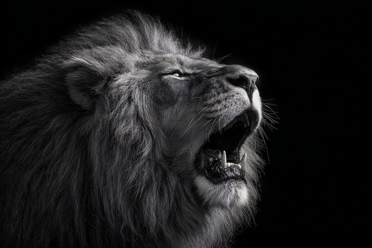black and white picture of a roaring lion dramatic lighting s — free black and white photo