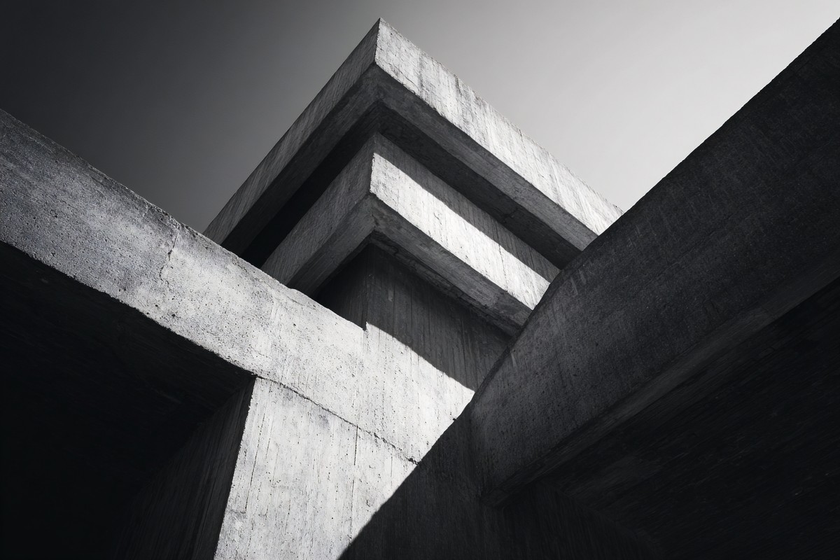 brutalist concrete architecture strong geometric shapes and h — free black and white photo