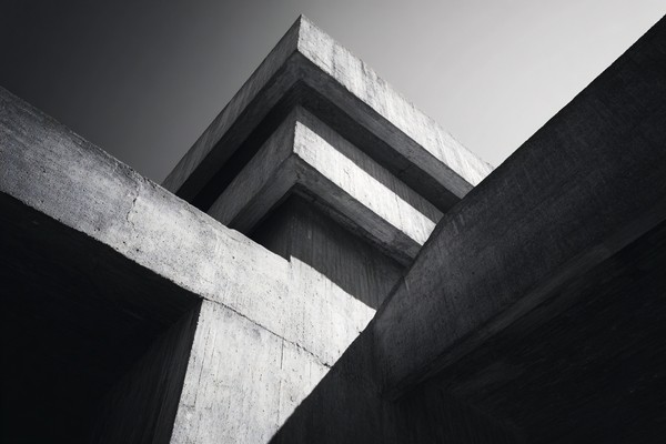 brutalist concrete architecture strong geometric shapes and h — black and white city photo