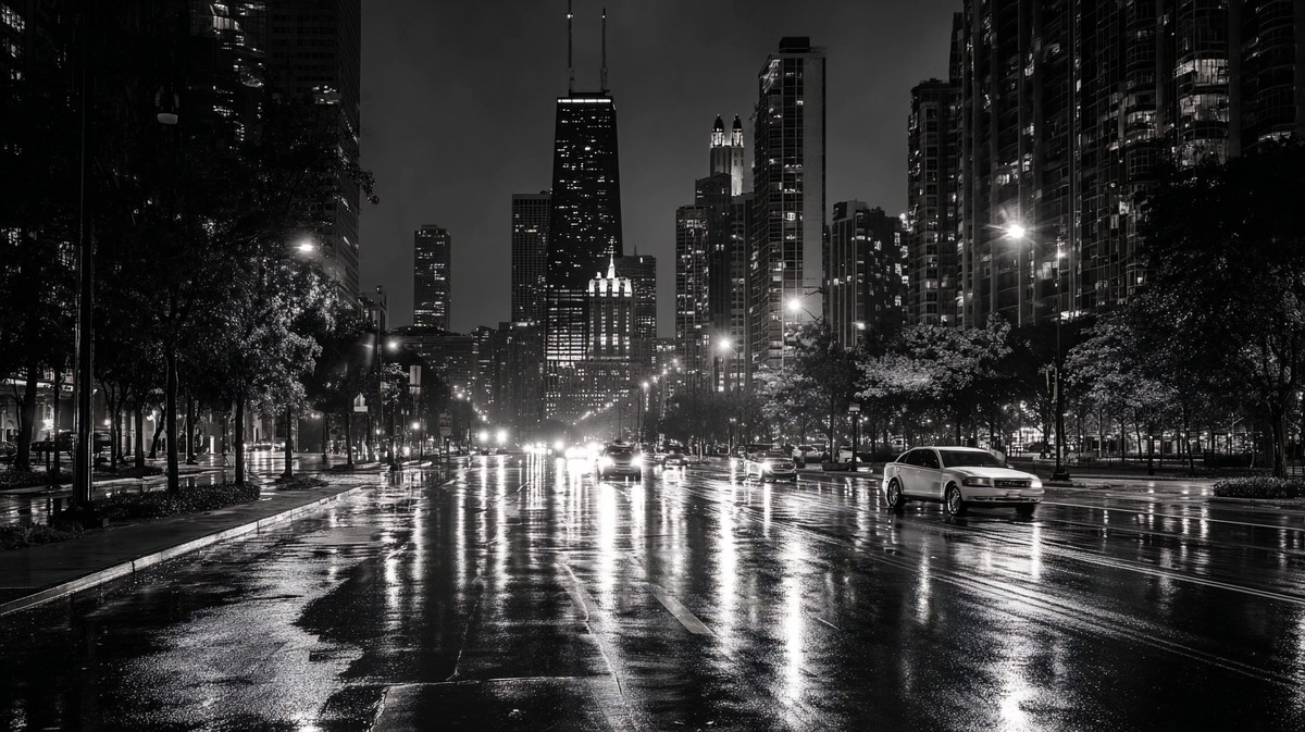 chicago skyline night rain reflections view of downtown skysc — free black and white photo