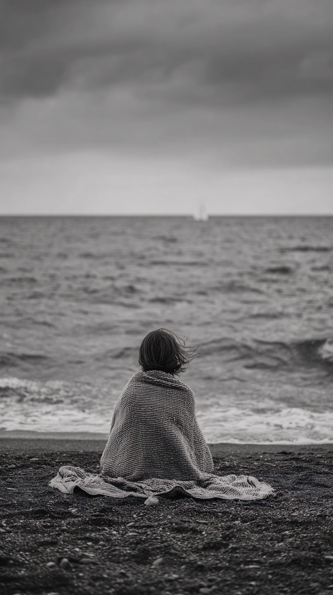 child sitting alone beach towel horizon small figure with tow — free black and white photo