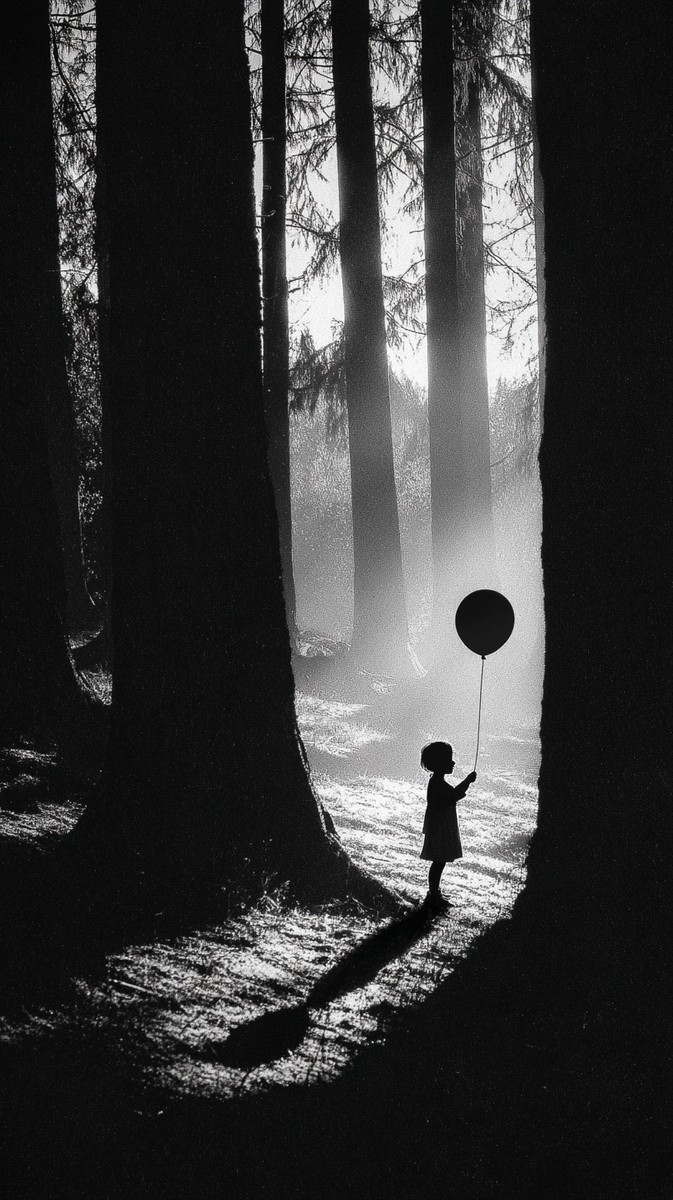 child with balloon standing at edge of shadowy — free black and white photo