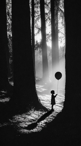 child with balloon standing at edge of shadowy — black and white nature photo
